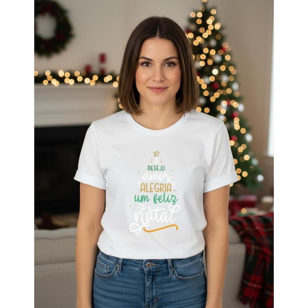 Camiseta Unissex Casual Adulto Infantil Natal Linda Básica em Algodão Malha Premiun