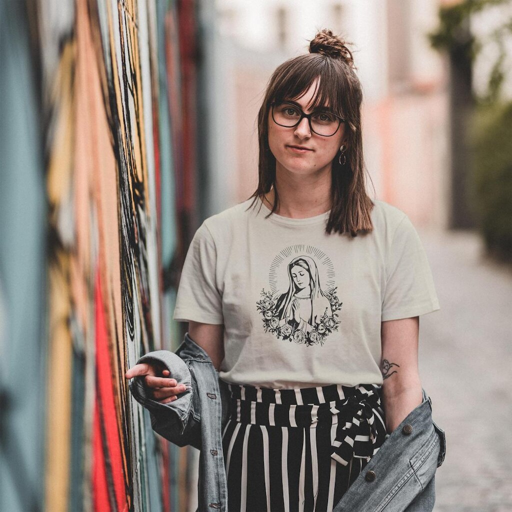 Camiseta Unissex Manga Curta Nossa Senhora Religiosa Malha em Algodão Ajustável do P ao G1