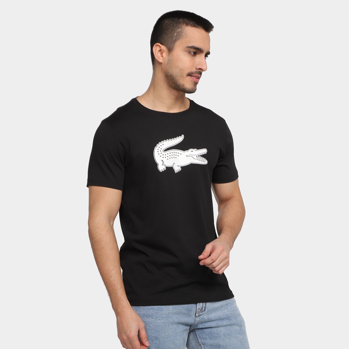 Camisetas Lacoste Sport Crocodilo Masculina - Preto+Branco Menor preço em Camisetas Lacoste Sport Crocodilo Masculina - Preto+Branco