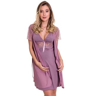 Camisola de Amamentação com Robe Lingerie Gestante Maternidade Estilo Sedutor - ES206-207