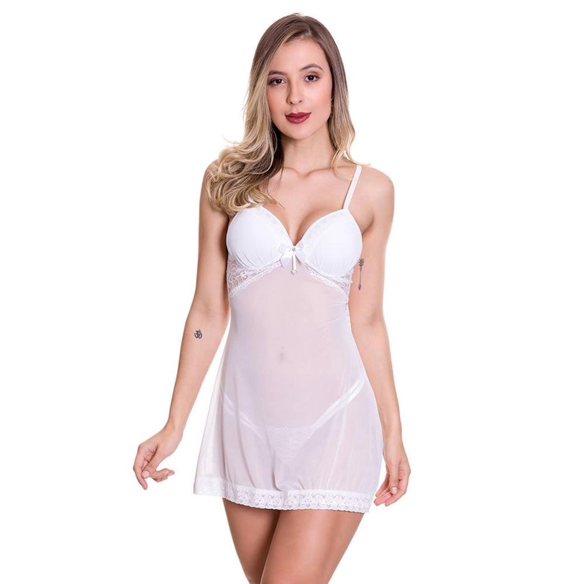 Camisola em Tule e Renda com Bojo Estilo Sedutor - LB3005 - Branco Menor preço em Camisola em Tule e Renda com Bojo Estilo Sedutor - LB3005 - Branco