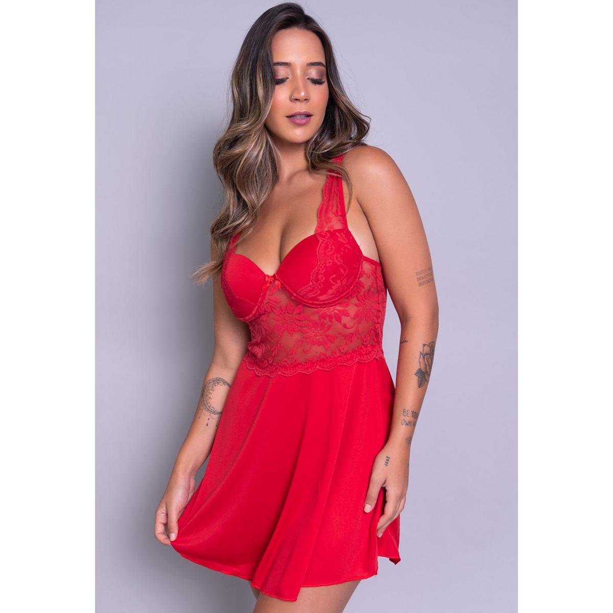 Camisola Feminina Sexy com Renda e Bojo - Vermelho Menor preço em Camisola Feminina Sexy com Renda e Bojo - Vermelho