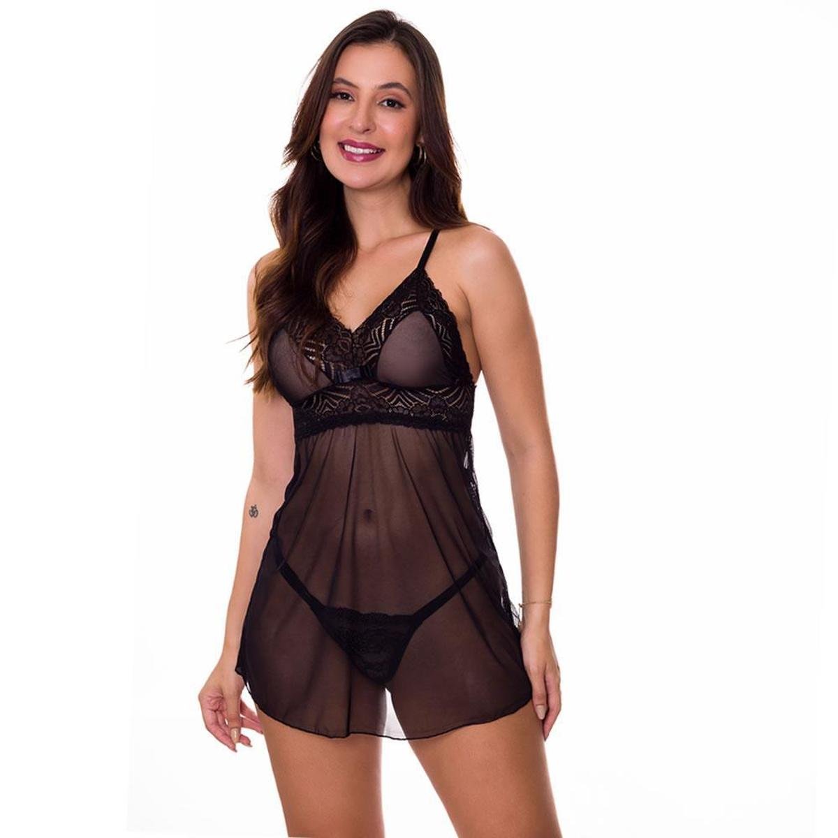 Camisola sem Bojo em Tule e Renda Moda de Baixo - EK5049 - Preto Menor preço em Camisola sem Bojo em Tule e Renda Moda de Baixo - EK5049 - Preto