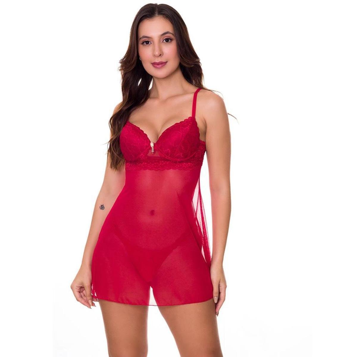 Camisola Transparente em Tule Decote com Bojo Estilo Sedutor - VC5032 - Vermelho Menor preço em Camisola Transparente em Tule Decote com Bojo Estilo Sedutor - VC5032 - Vermelho