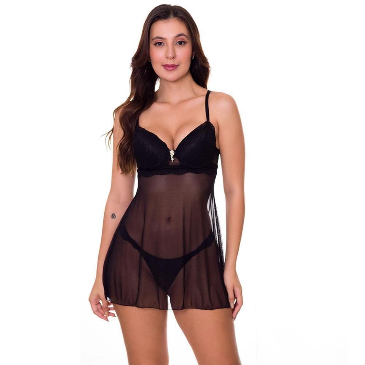 Camisola Transparente em Tule e Renda com Bojo Linha Noite Moda de Baixo - VC5032 - Preto Menor preço em Camisola Transparente em Tule e Renda com Bojo Linha Noite Moda de Baixo - VC5032 - Preto