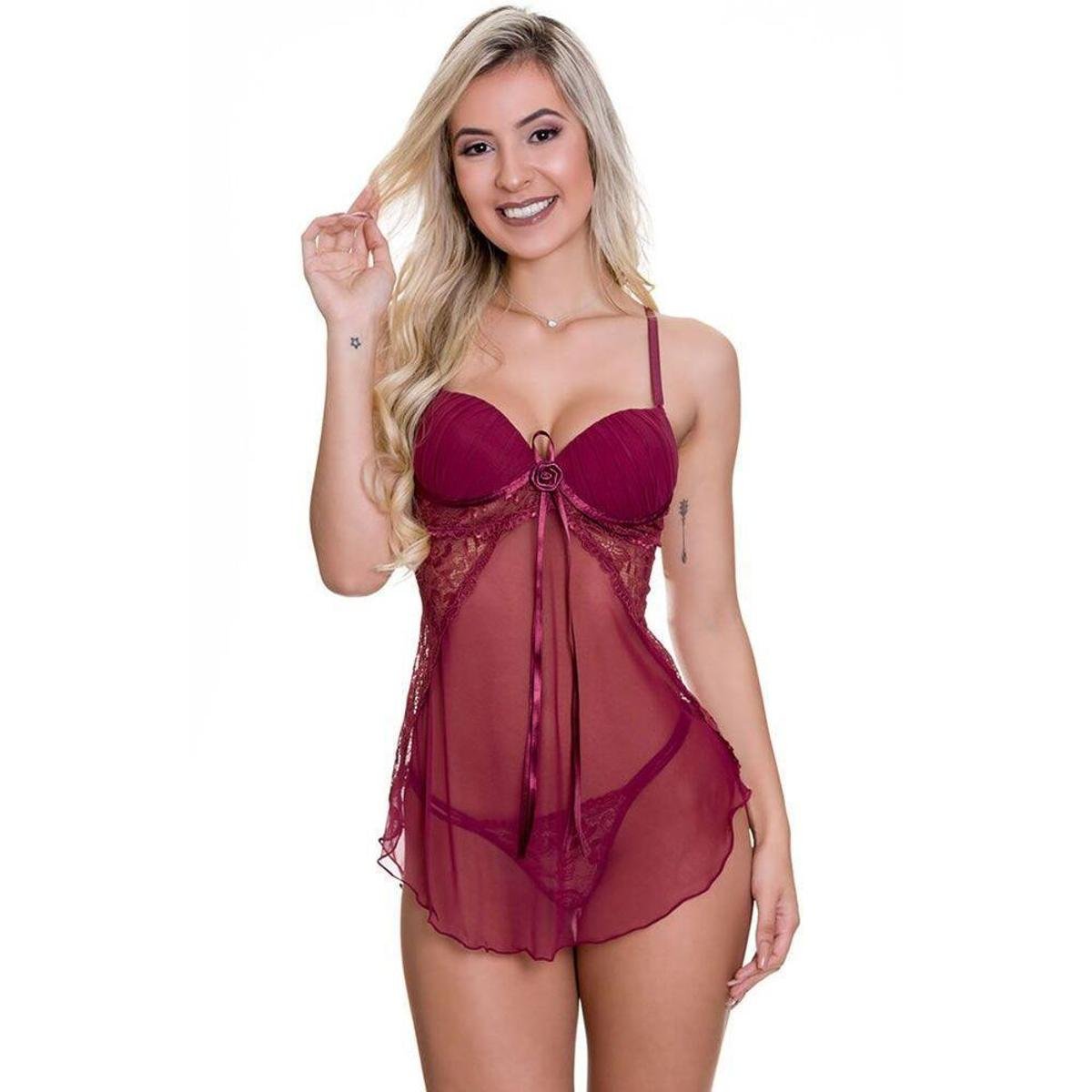 Camisola Transparente em Tule e Renda Moda de Baixo - MS1717 - Vinho Menor preço em Camisola Transparente em Tule e Renda Moda de Baixo - MS1717 - Vinho