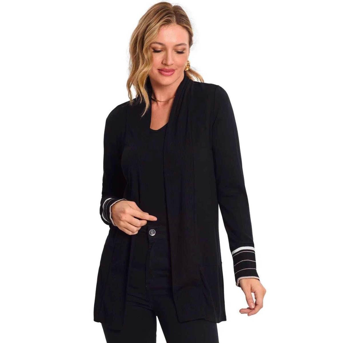 Cardigan Canelado Feminino Rovitex - CARAMELO - G - Preto Menor preço em Cardigan Canelado Feminino Rovitex - CARAMELO - G - Preto