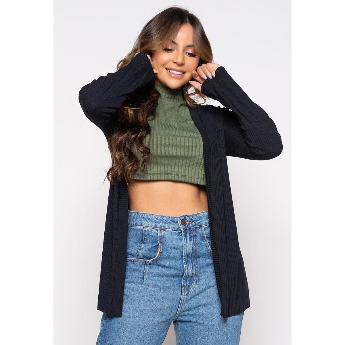 Cardigan Canelado Manga Longa Comprida Kimono Inverno - Preto Menor preço em Cardigan Canelado Manga Longa Comprida Kimono Inverno - Preto