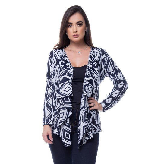 Cardigan Eliza Tricot Tribal Manga Longa Feminina - Azul Escuro