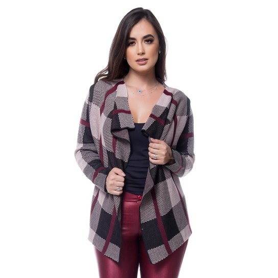 Cardigan Eliza Tricot Xadrez 3 Cores Manga Longa Feminina - Preto