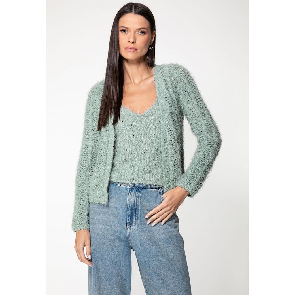 Cardigan em Tricot Eco Ponto Aberto Verde Claro