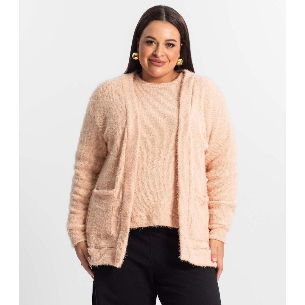 Cardigan Feminino Plus Size Em Tricot Secret Glam Rosa