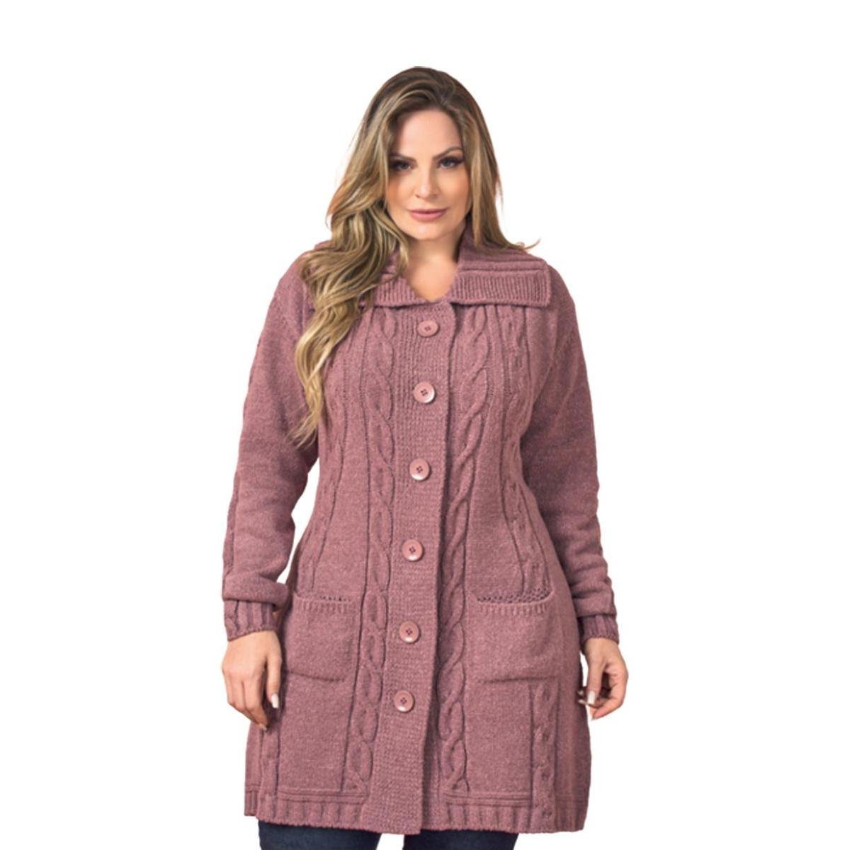 Cardigan Feminino Plus Size Tricot Mousse Super Grosso Frio - Rosa Menor preço em Cardigan Feminino Plus Size Tricot Mousse Super Grosso Frio - Rosa