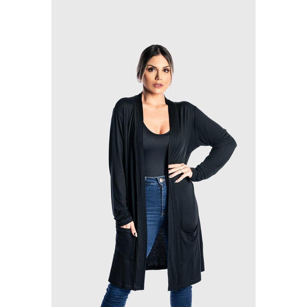 Cardigan Kimono Bolso Feminino Juquitiba Brasil Preto - Preto Menor preço em Cardigan Kimono Bolso Feminino Juquitiba Brasil Preto - Preto