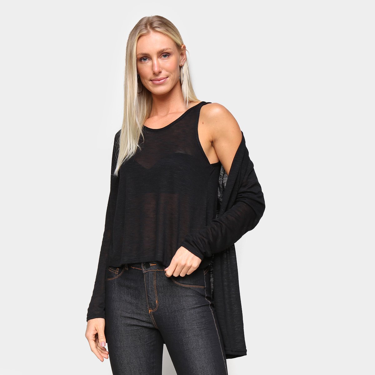Cardigan Marialicia + Regata Básica Lisa Feminino - Preto Menor preço em Cardigan Marialicia + Regata Básica Lisa Feminino - Preto