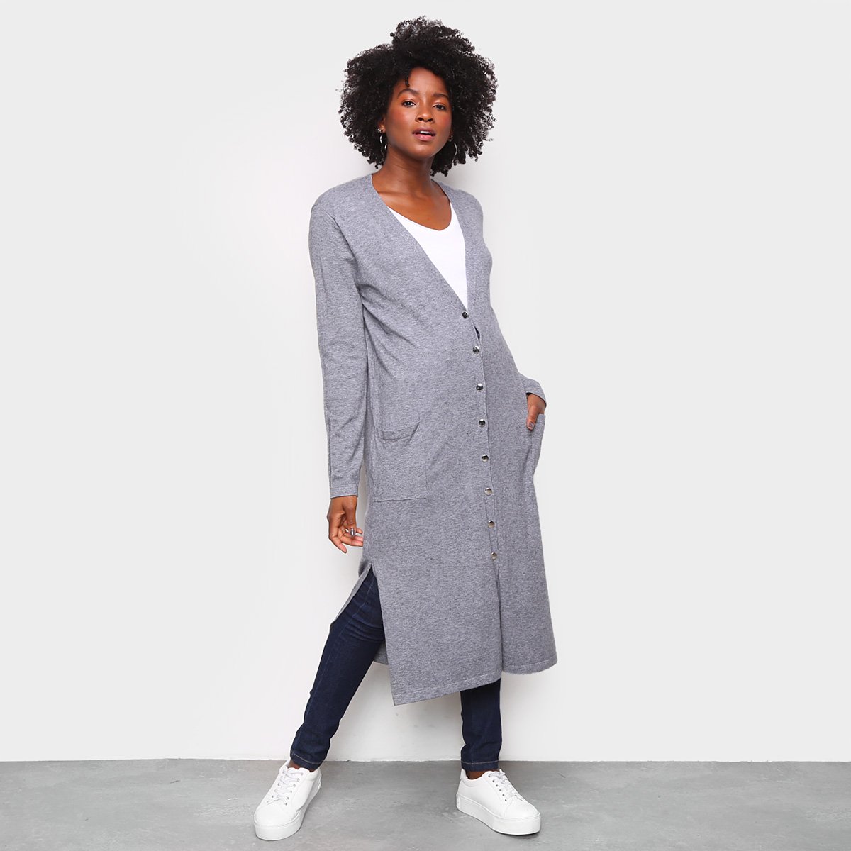 Cardigan Tricô Facinelli Longo Bolso Feminino - Cinza Menor preço em Cardigan Tricô Facinelli Longo Bolso Feminino - Cinza