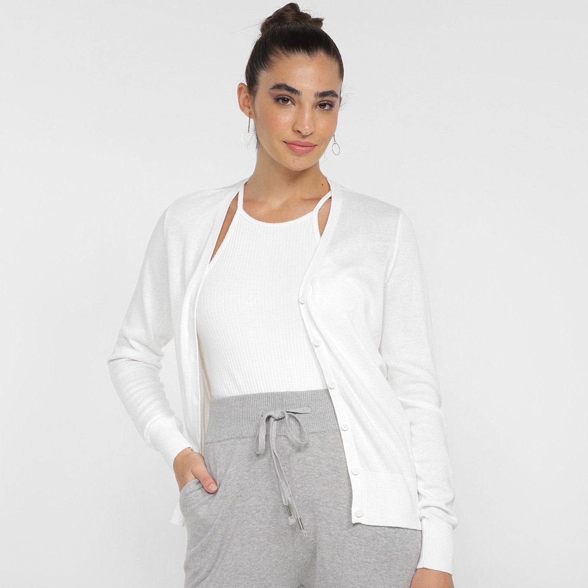 Cardigan Tricô Hering Básico Feminino - Branco Menor preço em Cardigan Tricô Hering Básico Feminino - Branco