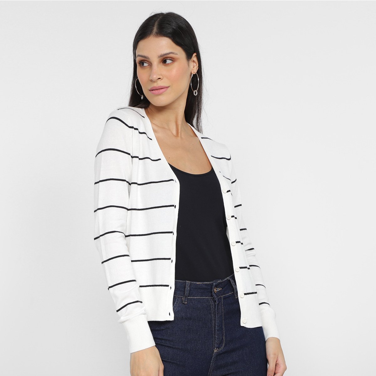 Cardigan Tricô Hering Listrado Feminino - Branco Menor preço em Cardigan Tricô Hering Listrado Feminino - Branco