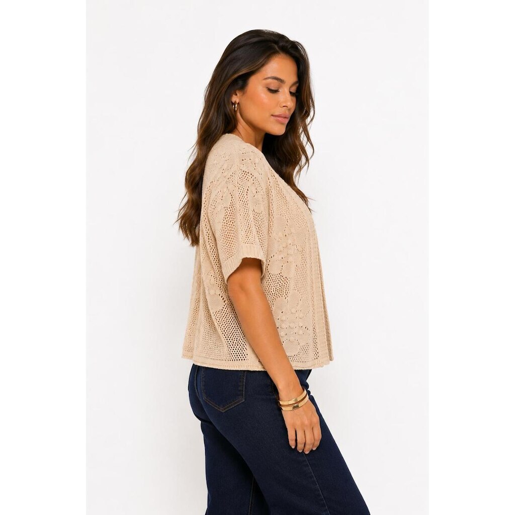 Cardigan Tricôt D Bell Outlet Fashion Tricot Vazado Manga Curta Areia