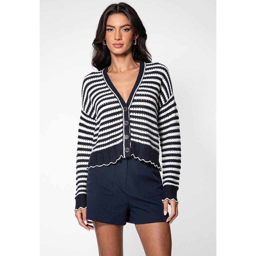 Cardigan Tricot Eco Listrado Azul Marinho