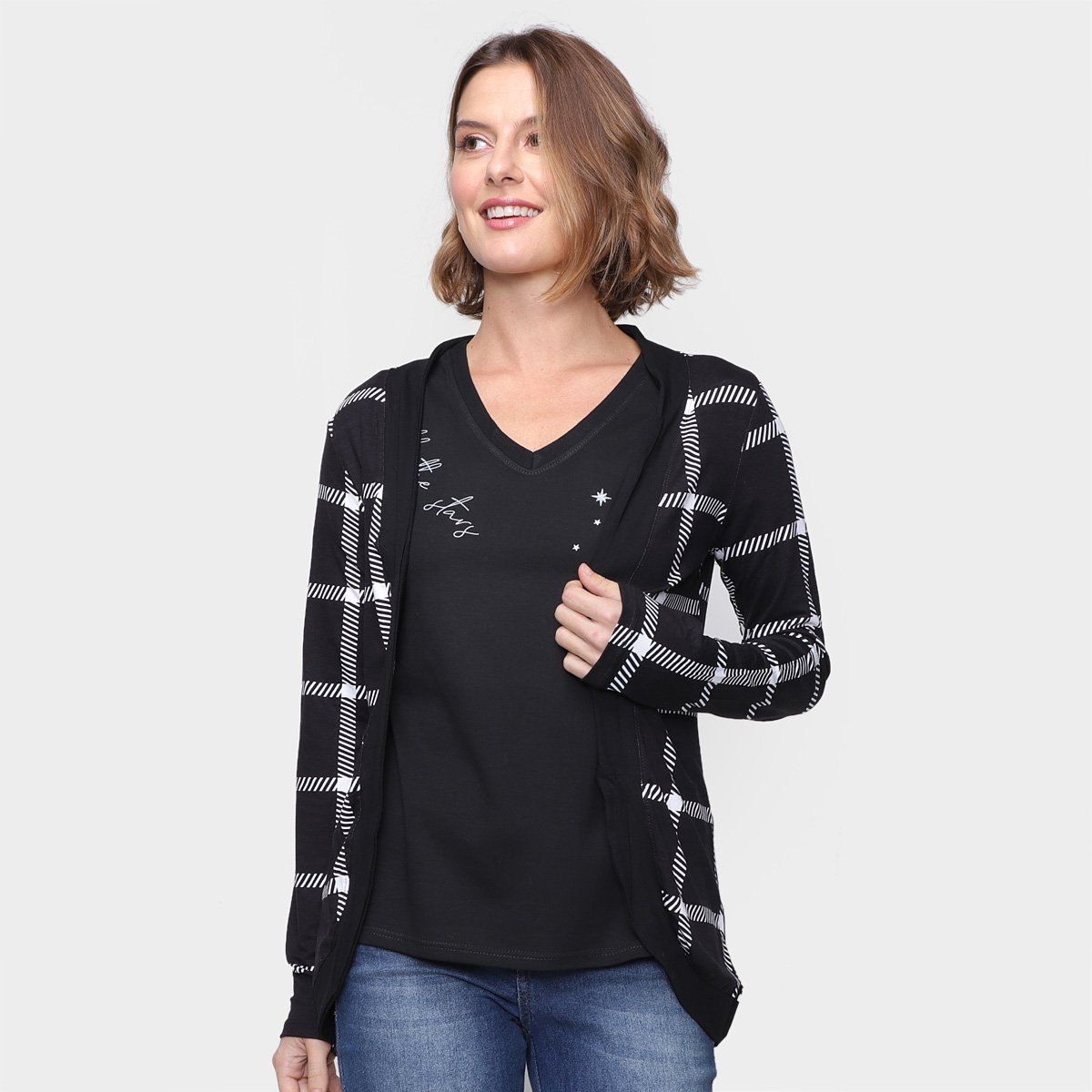 Cardigan Tricot Malwee Bicolor Feminina - Preto+Branco Menor preço em Cardigan Tricot Malwee Bicolor Feminina - Preto+Branco