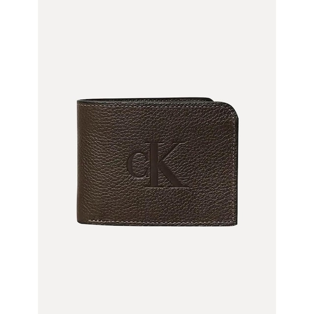 Carteira Calvin Klein Jeans Masculina Couro Queima Center Logo CK Marrom Café