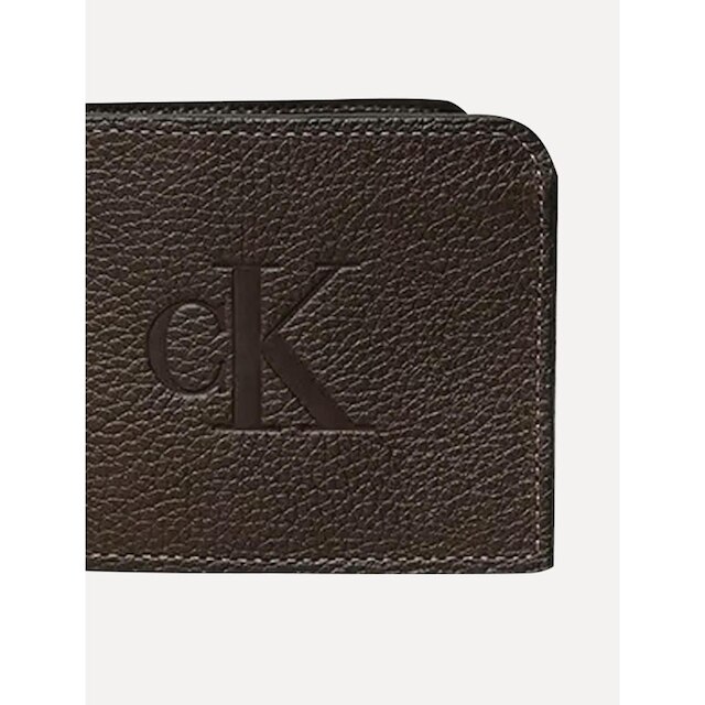 Carteira Calvin Klein Jeans Masculina Couro Queima Center Logo CK Marrom Café