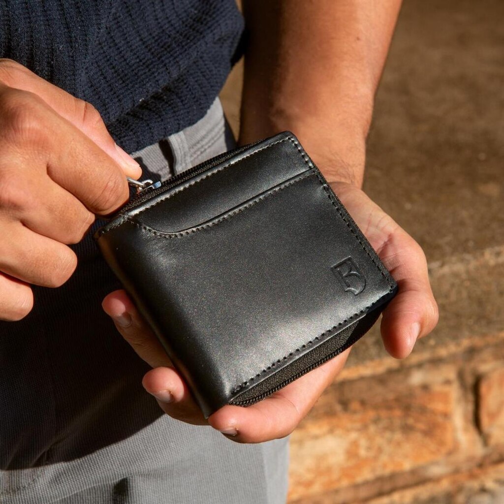 Carteira Masculina Couro Legítimo RFID Zíper Bolsos RG CNH