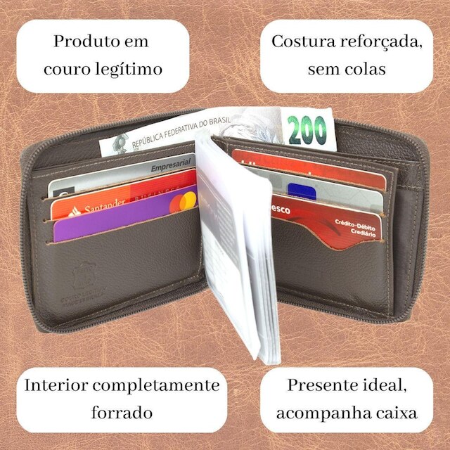 Carteira Masculina Couro Legítimo Zíper Porta Cartão moedas com caixa Presente Cod 830
