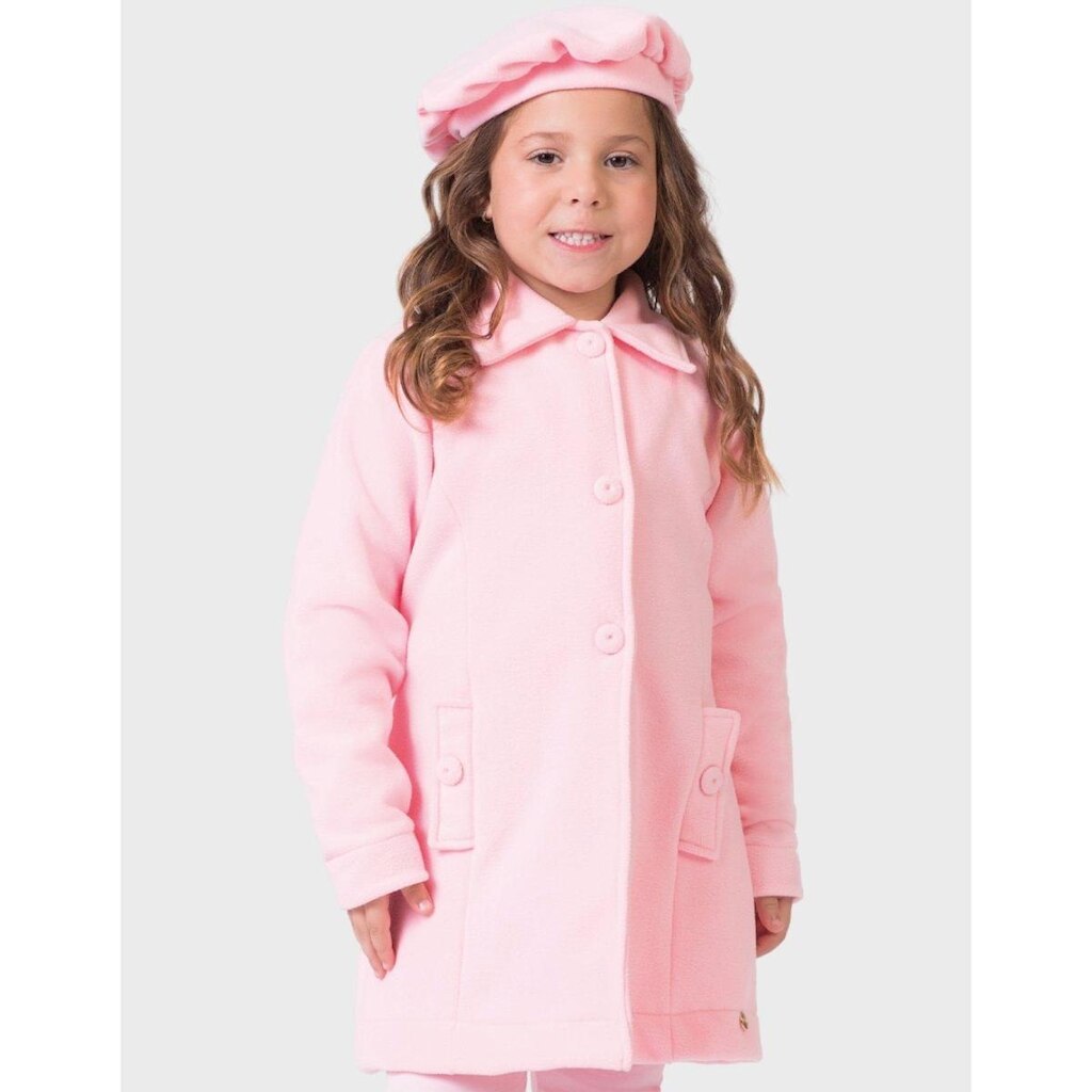 Casaco Abooado Com Boina Soft Frio Rosa Dia a Dia Moda Inverno Elegante - Menina 4 a 14 anos