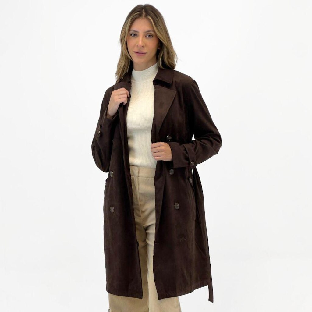 Casaco Alpelo Trench Coat em Suede com Cinto Feminino