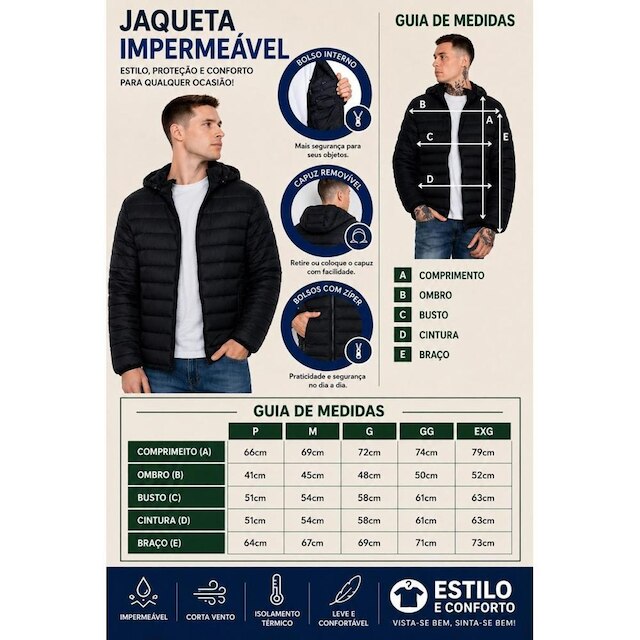 Casaco de Frio Bobojaco Puffer Jaqueta Impermeavel Masculina