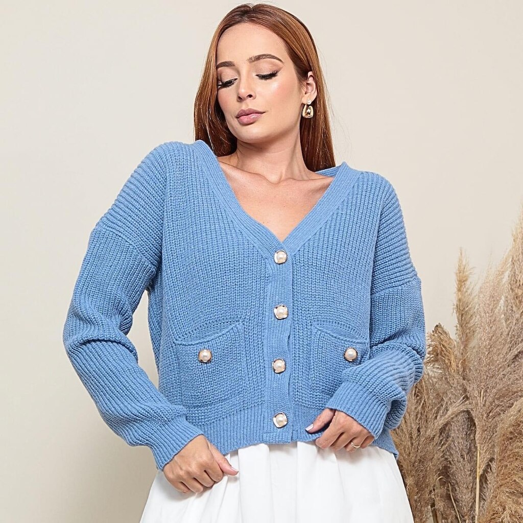 Casaco de Tricot Curto Despojado Feminino Quentinho Inverno com Bolsos TR3259