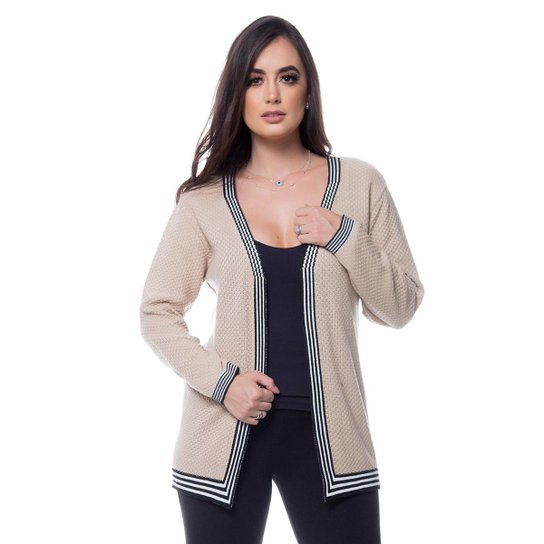 Casaco Eliza Tricot Barra Listras Feminino - Bege