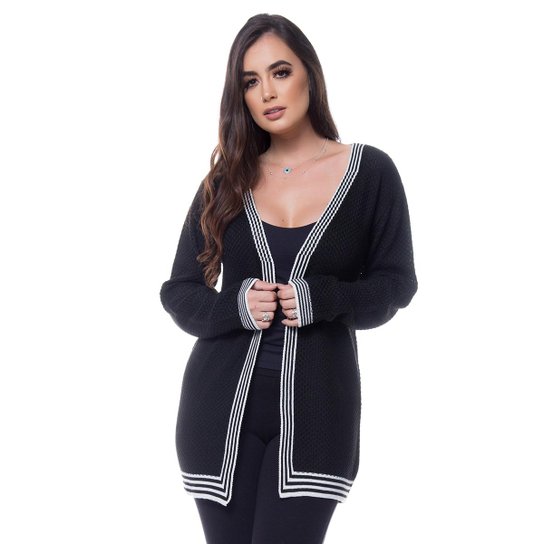 Casaco Eliza Tricot Barra Listras Feminino - Preto