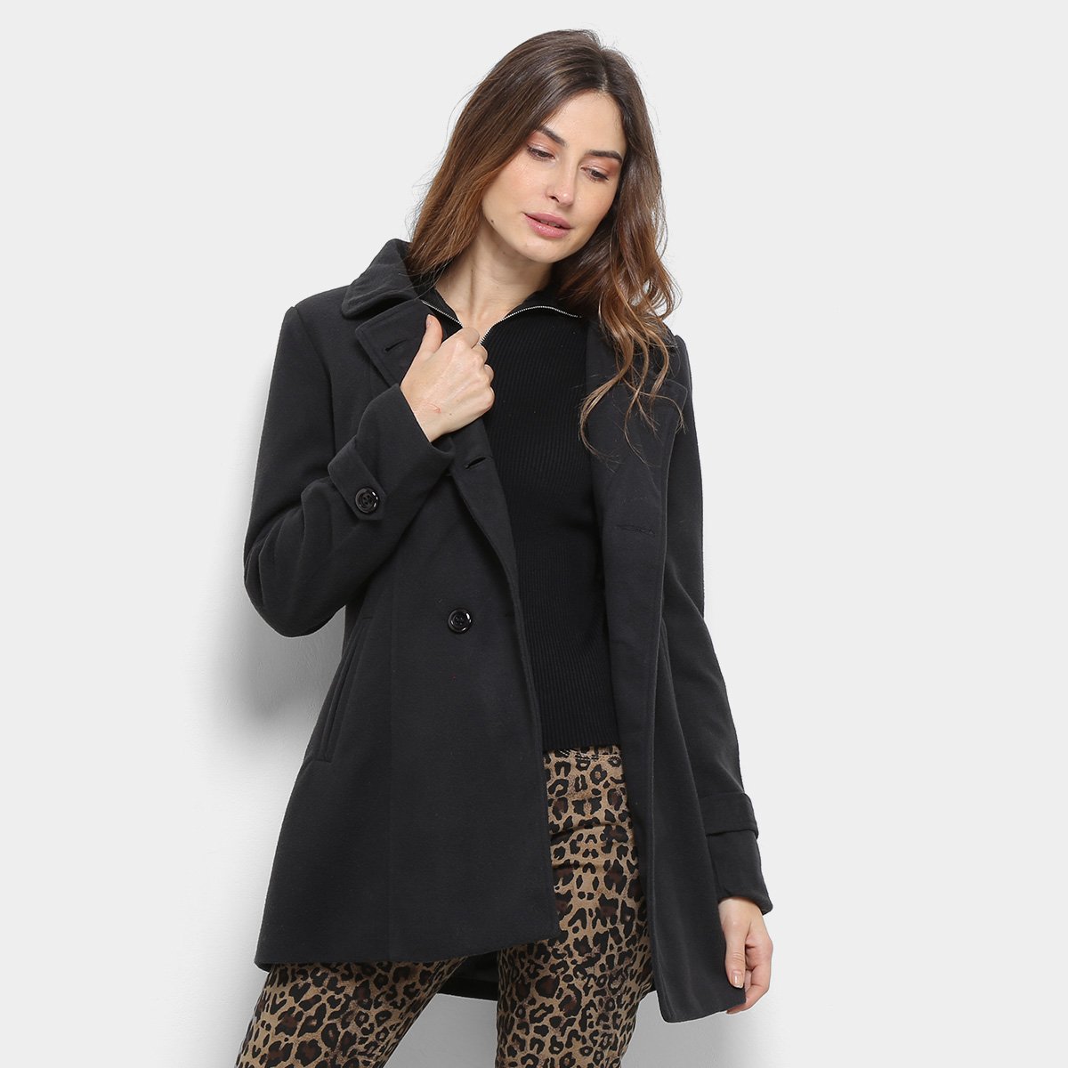 Casaco Facinelli Lã Batida 6 Botões Feminino - Chumbo Menor preço em Casaco Facinelli Lã Batida 6 Botões Feminino - Chumbo