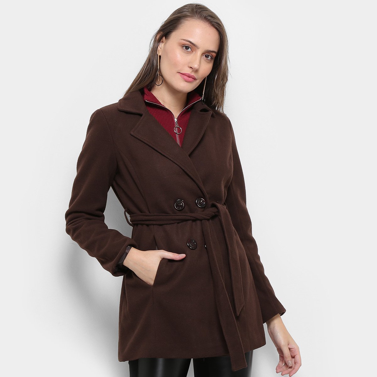 Casaco Facinelli Lã Batida Faixa Feminino - Café Menor preço em Casaco Facinelli Lã Batida Faixa Feminino - Café