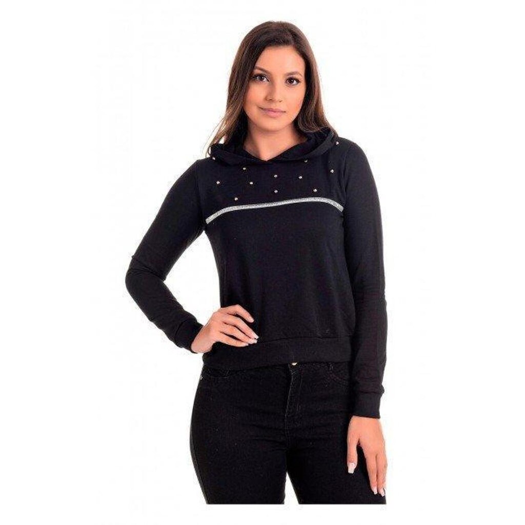 Casaco Feminino com Capuz e Aplique Bordado Frente