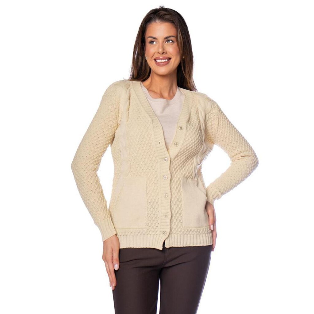Casaco Feminino Oliveira Malhas com Bolsos Areia