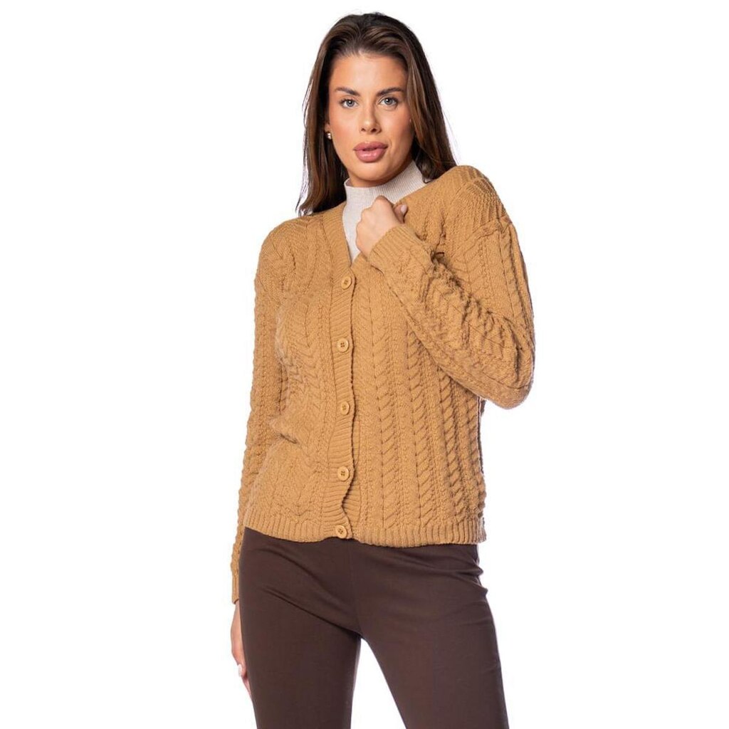 Casaco Feminino Oliveira Malhas em Tricot Trançado Caramelo
