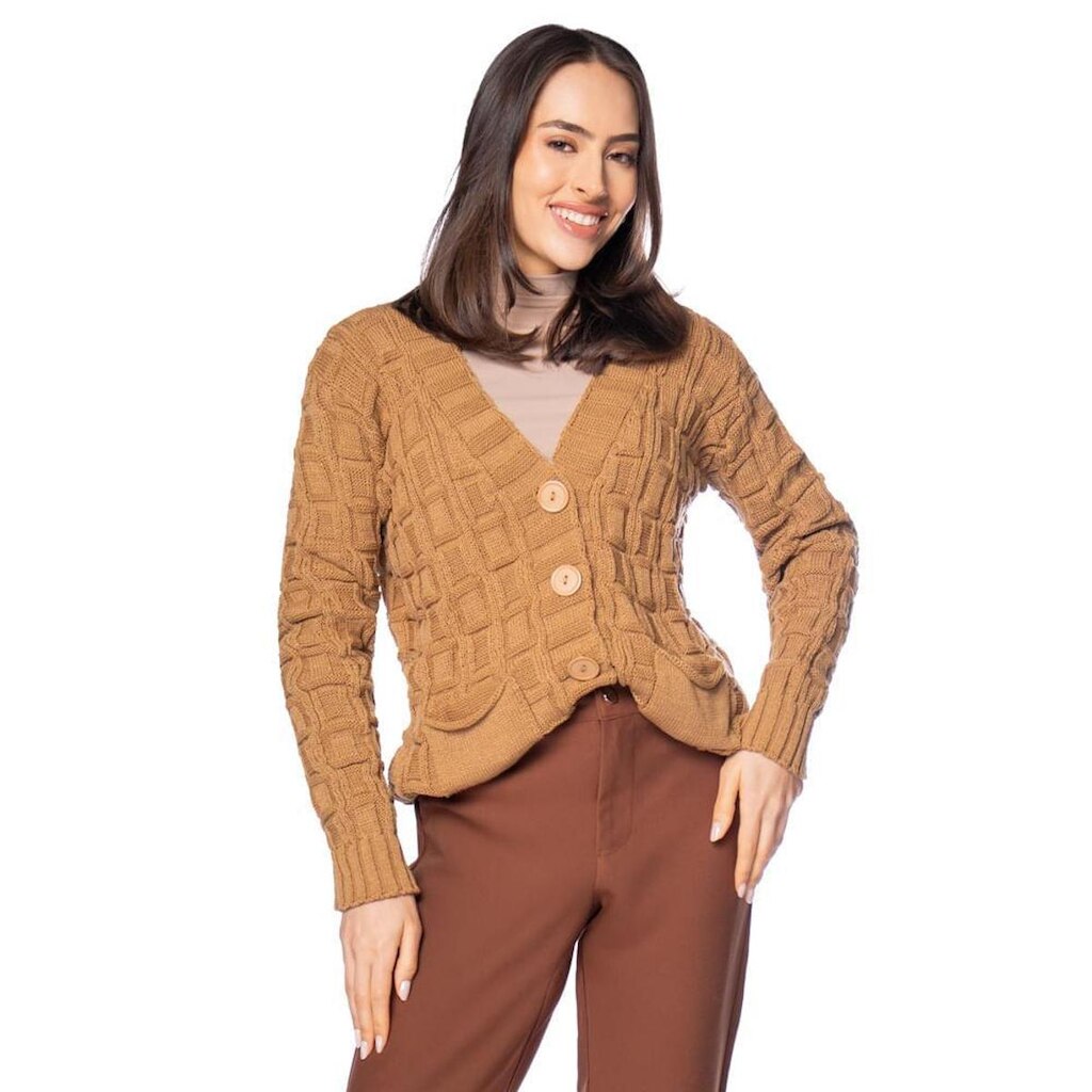 Casaco Feminino Oliveira Malhas Texturizado Marrom Claro
