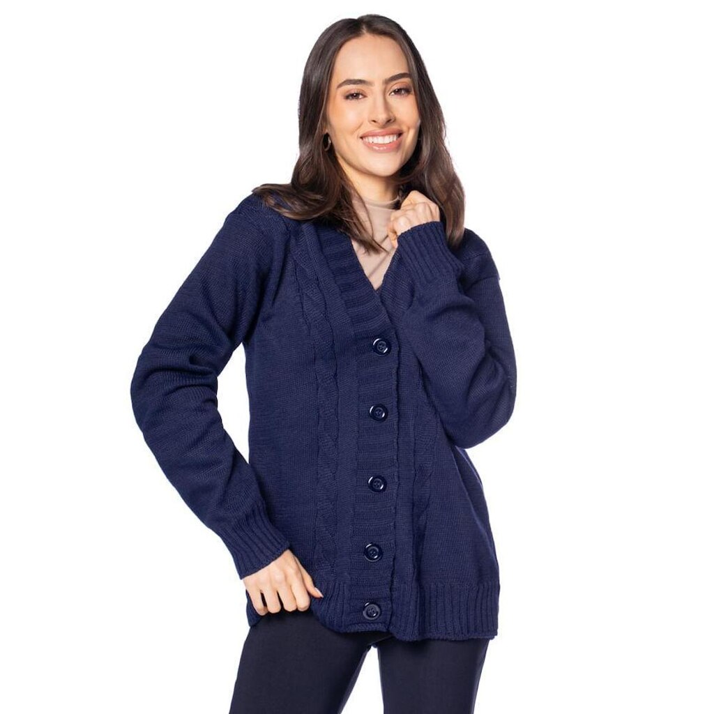Casaco Feminino Oliveira Malhas Tricot com Tranças Marinho