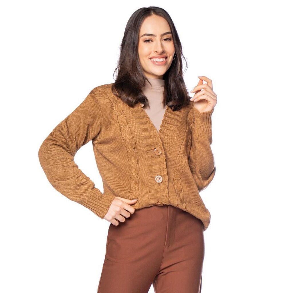 Casaco Feminino Oliveira Malhas Tricot com Tranças Marinho