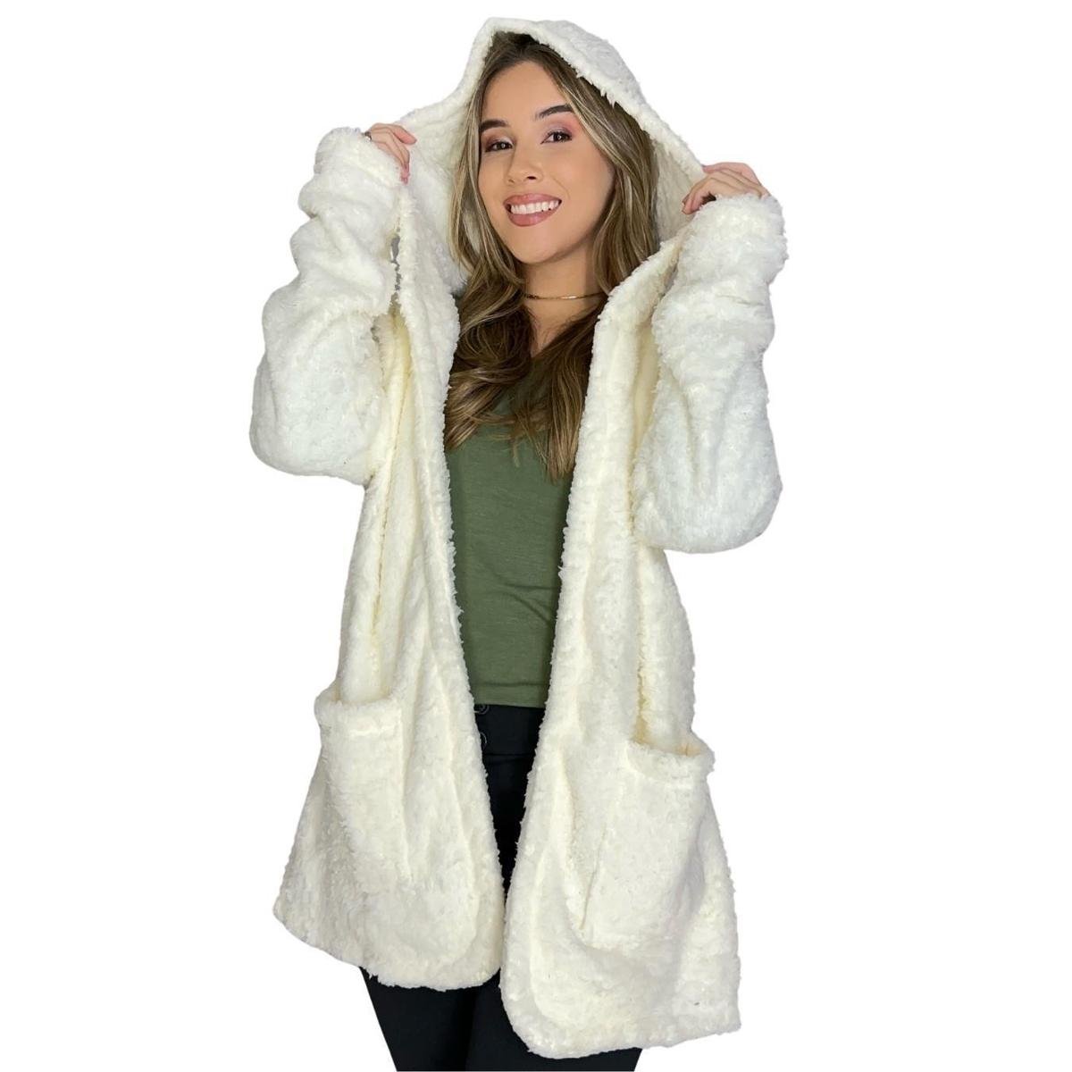 Casaco Feminino Teddy Sobretudo Pelinho Pelúcia Blogueira com Capuz - Off White Menor preço em Casaco Feminino Teddy Sobretudo Pelinho Pelúcia Blogueira com Capuz - Off White
