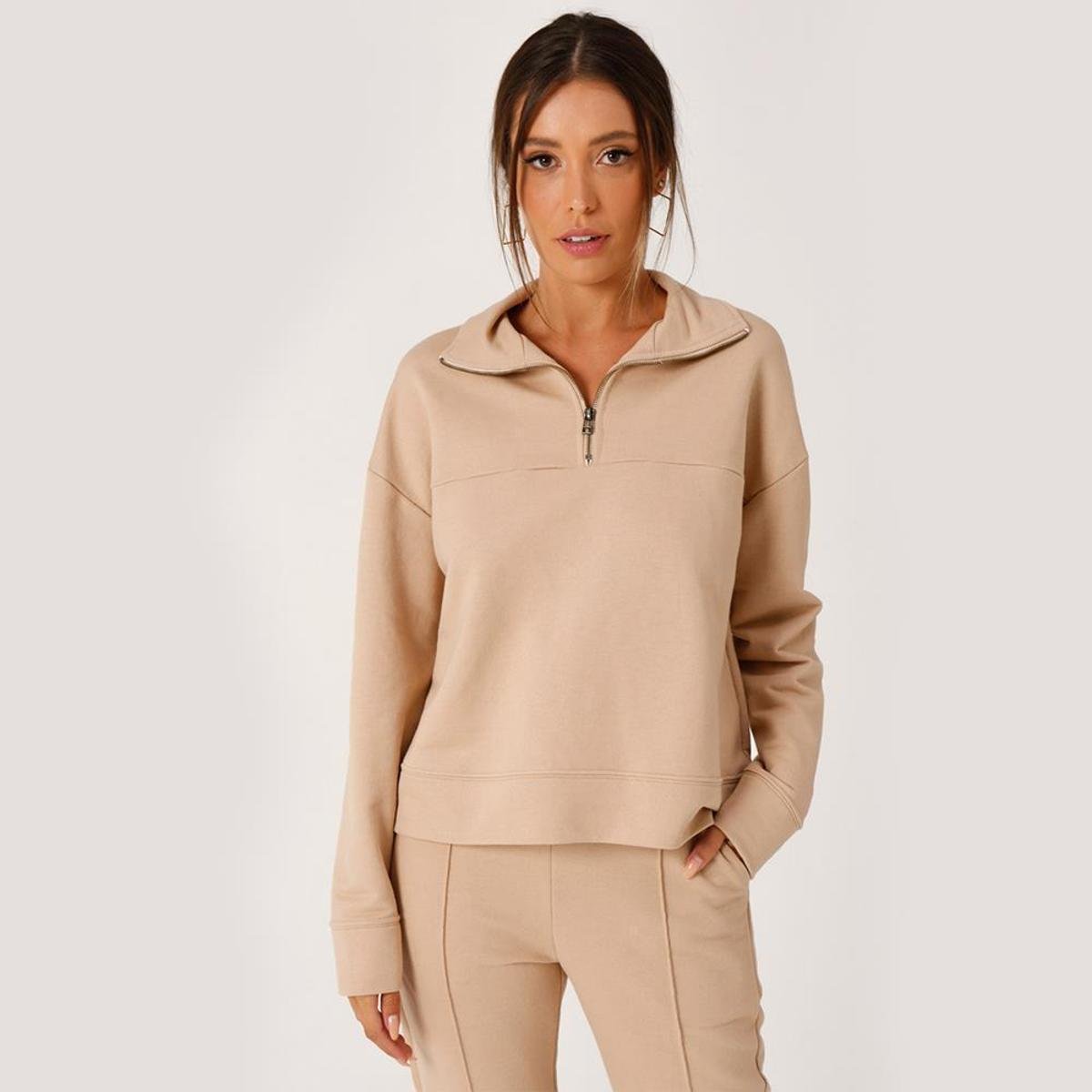 Casaco Gola Alta Scalk Feminino Algodão Fecho Zíper Casual - Bege Menor preço em Casaco Gola Alta Scalk Feminino Algodão Fecho Zíper Casual - Bege