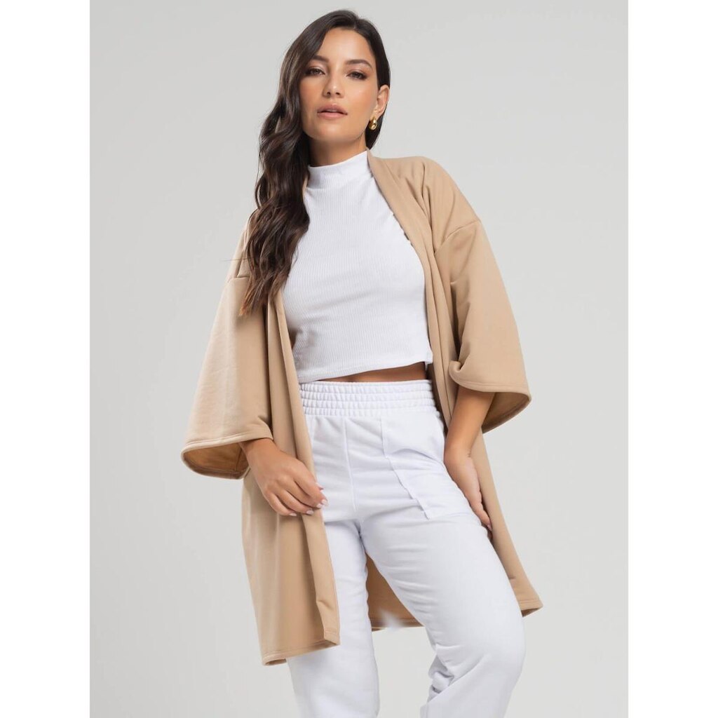 Casaco Kimono Overzide Moletinho Manga Longa Feminino Moda Casual