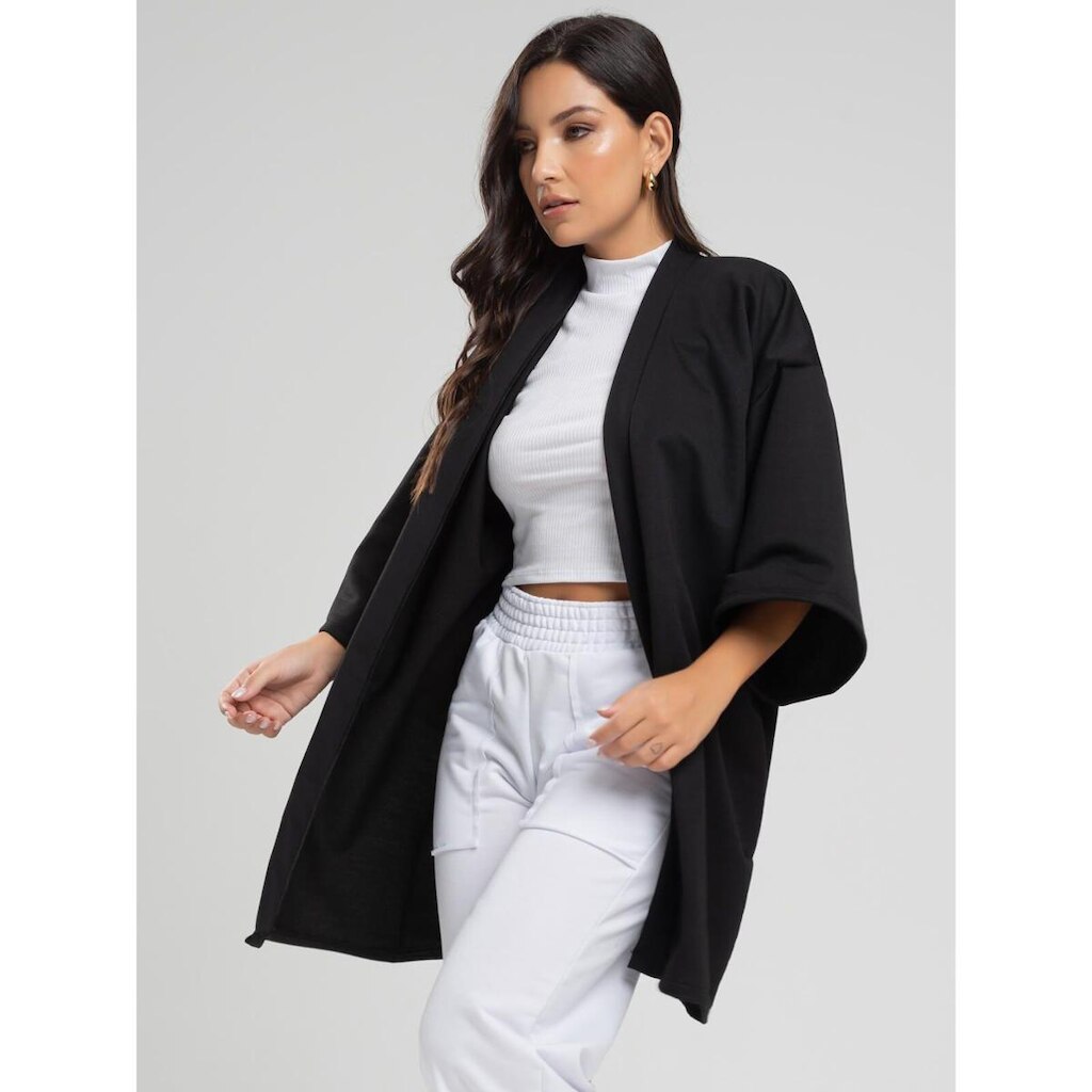 Casaco Kimono Overzide Moletinho Manga Longa Feminino Moda Casual