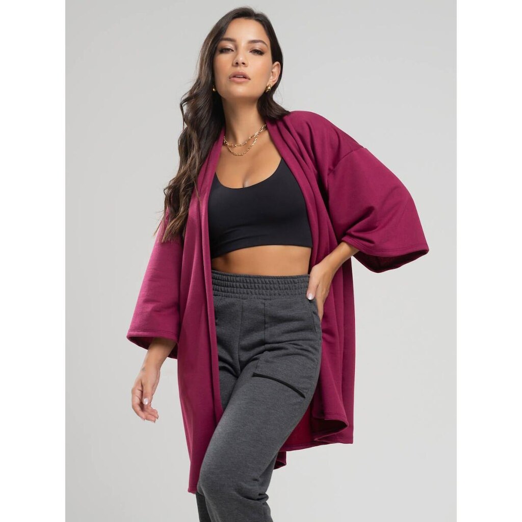 Casaco Kimono Overzide Moletinho Manga Longa Feminino Moda Casual
