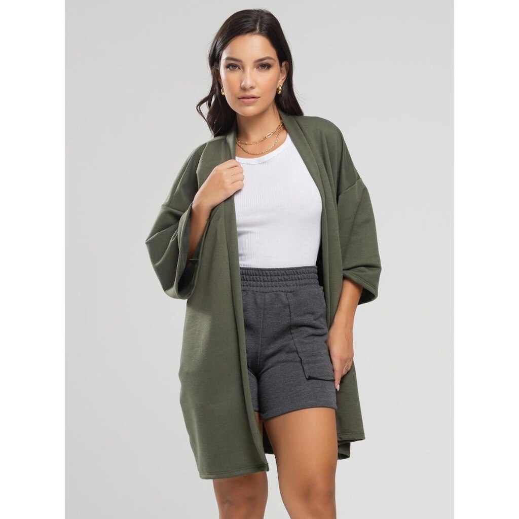 Casaco Kimono Overzide Moletinho Manga Longa Feminino Moda Casual