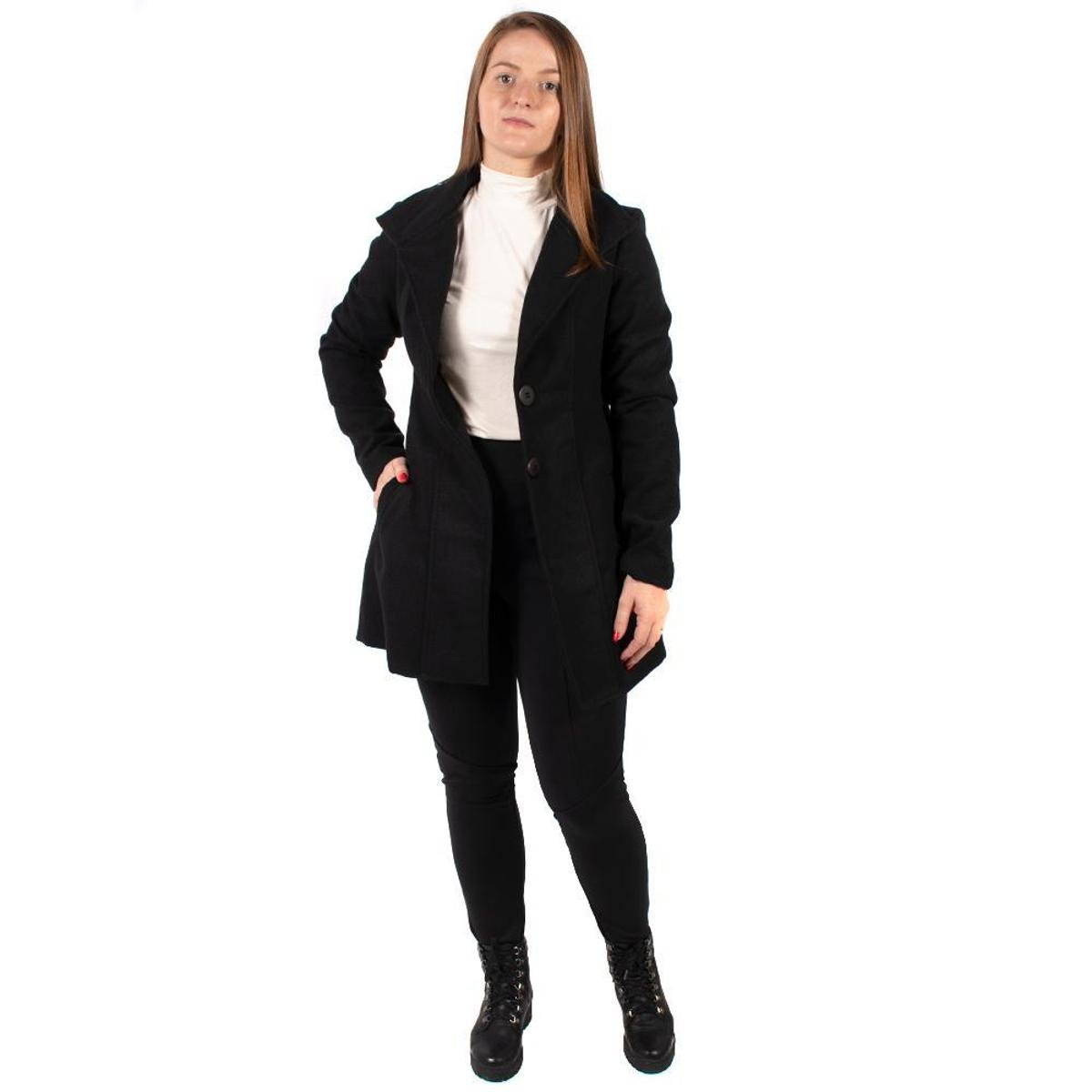 Casaco Lã Feminino Liso Botões Bolsos Longo Reto Confortável - Preto Menor preço em Casaco Lã Feminino Liso Botões Bolsos Longo Reto Confortável - Preto